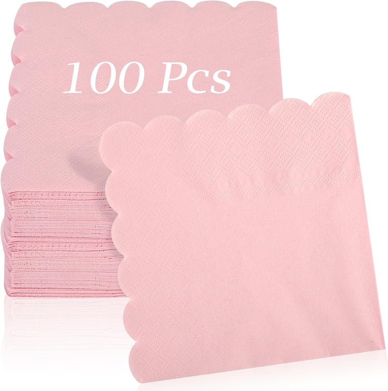 Hoiny 100 Pcs Cocktail Napkins, 2-Ply 5 x 5 Inches Disposable Scalloped Napkins, Thick Premium Dessert Napkins for Party, Wedding, Dinner, Birthday, Anniversary, Festival (Pink) - Image 1